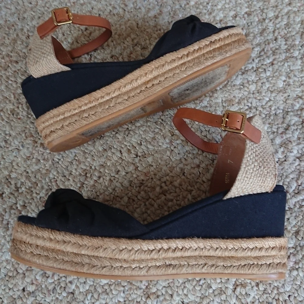 TORY BURCH Knotted Bow Wedge Espadrille Platform Sandal Black/NAVY/ Tan SIZE 6.5